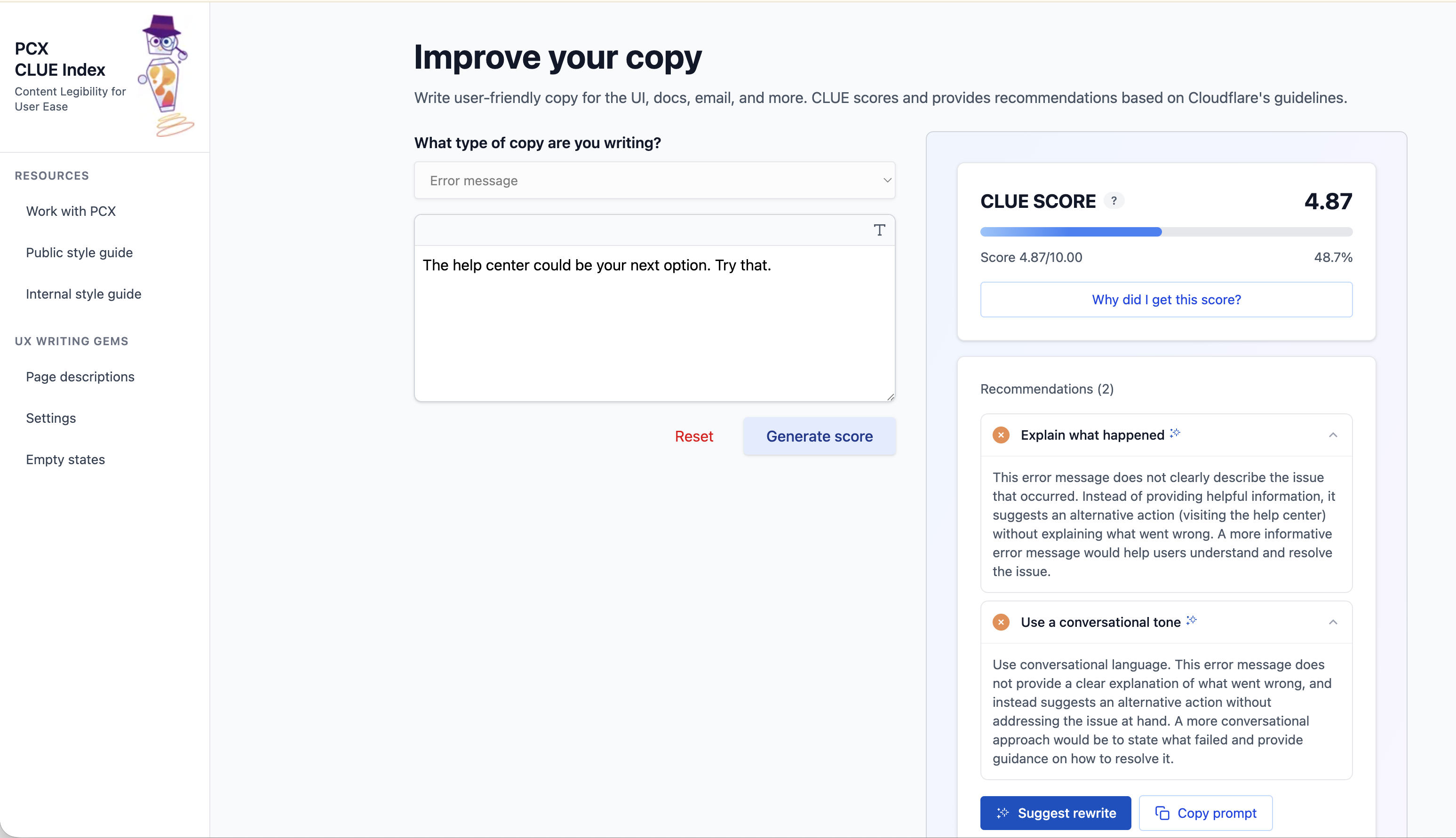 HINT interface showing how someone engages with the content quality system